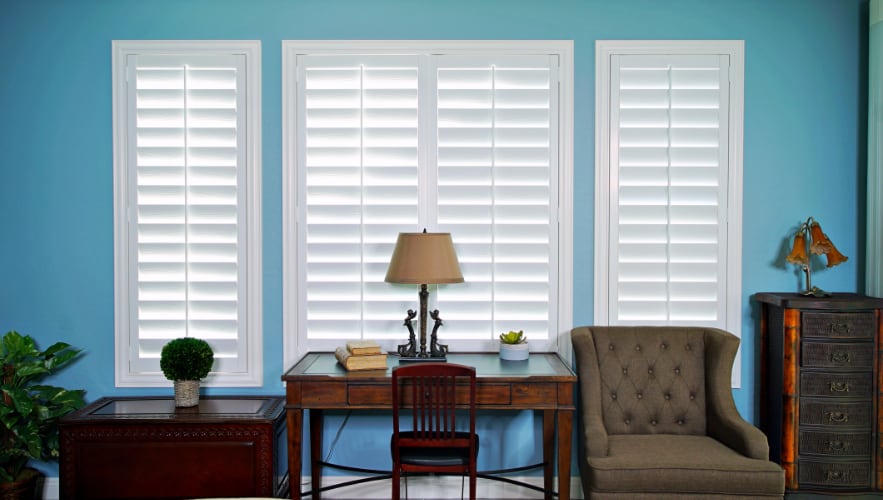 Plantation shutters in a family room